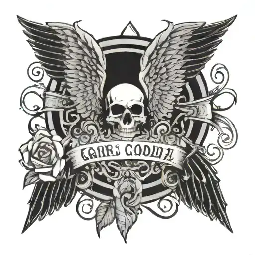 g-code inscription on the background of a rose skull manhole wings tattoo design idea