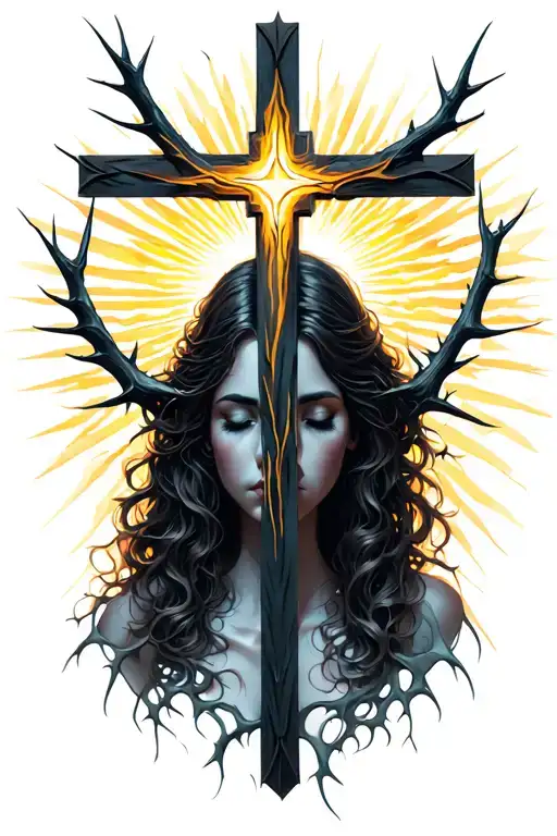 Shopia with a cross thorns and rays of light tattoo design idea