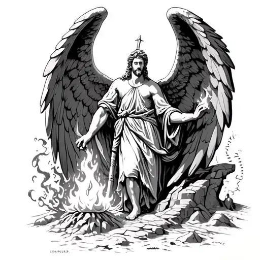 st Micheal The Archangel in cave lighting a fire tattoo design idea