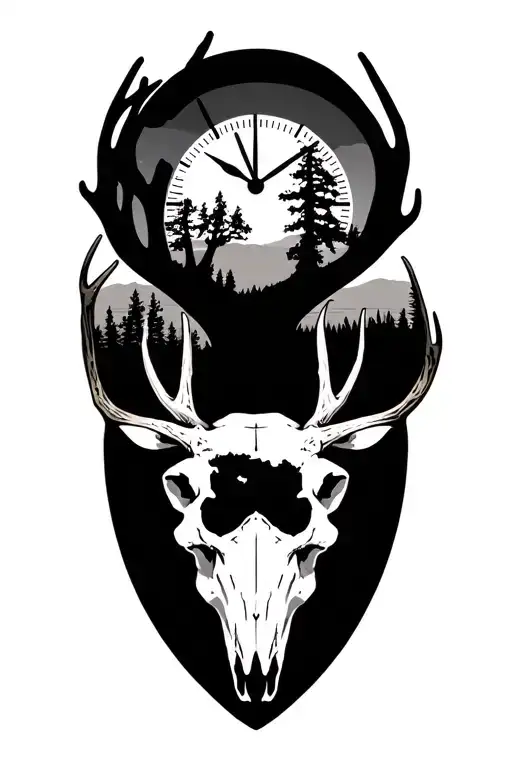 deer skull, hunting scene, sunset, clock face tattoo design idea