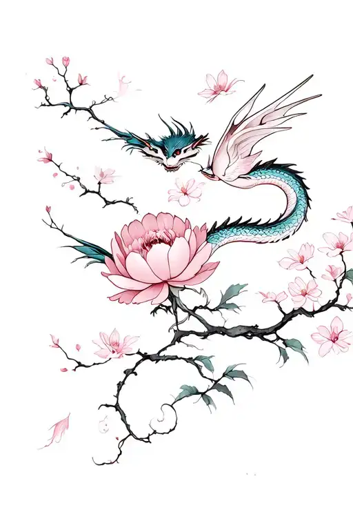 peony, cosmos and cherry blossom with flying dragons tattoo design idea