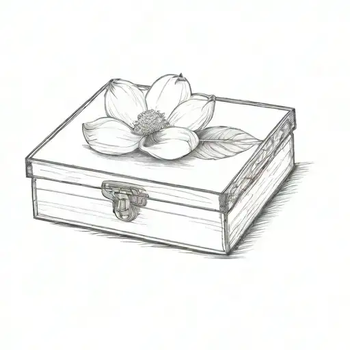 a dotwork tattoo featuring an antique cigar box with a dogwood flower and lit cigar tattoo design idea