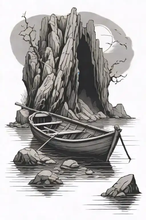 rowboat at the entrance to a dark and sinister cave tattoo design idea