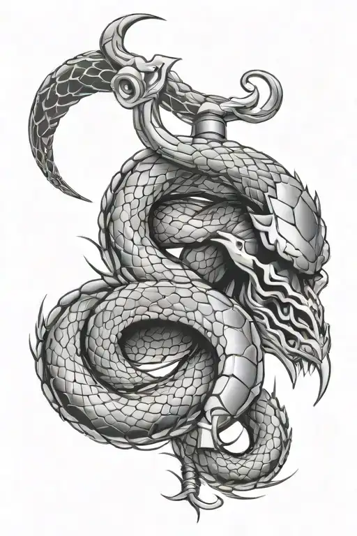 snake and scorpion hybrid wrapping around sword tattoo design idea
