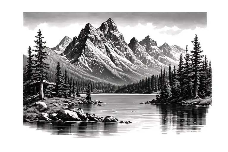 Grabd Tetons Mountains and Lake tattoo design idea