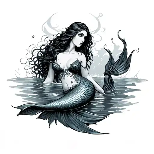 dark, gothic, mermaid swimming tattoo design idea
