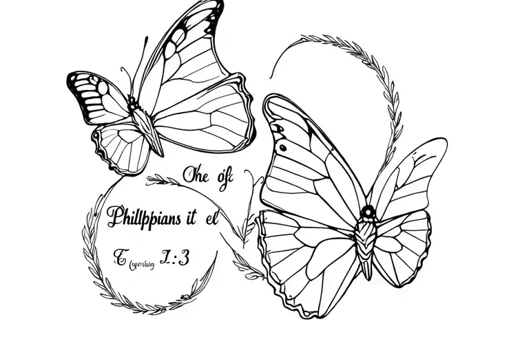 fine line drawing of two butterflies plying around a fine lined saying Philippians 1:3 tattoo design idea
