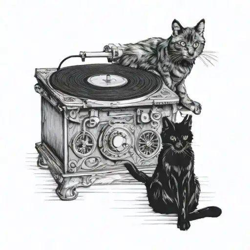 record player old style and a black cat sitting together tattoo design idea