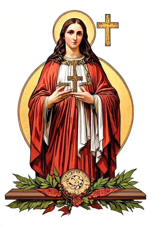 Saint Alessia from Elder Scrolls as a holy figure in church mural art, iconic pose  tattoo design idea