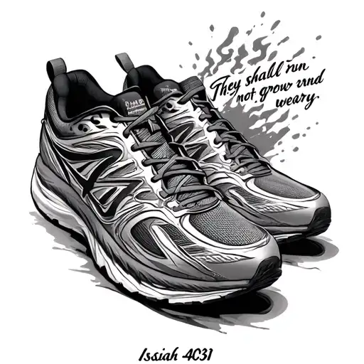 the words "Isaiah 40:31 They shall run and not grow weary" inside of a running shoe tattoo design idea
