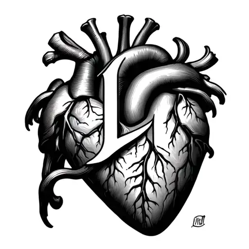 the letter L hidden in an anatomical heart tattoo design idea