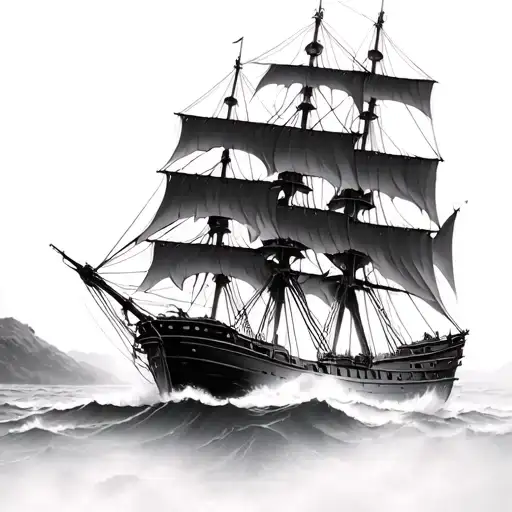 clipper ship view from behind sailing into mist/fog tattoo design idea