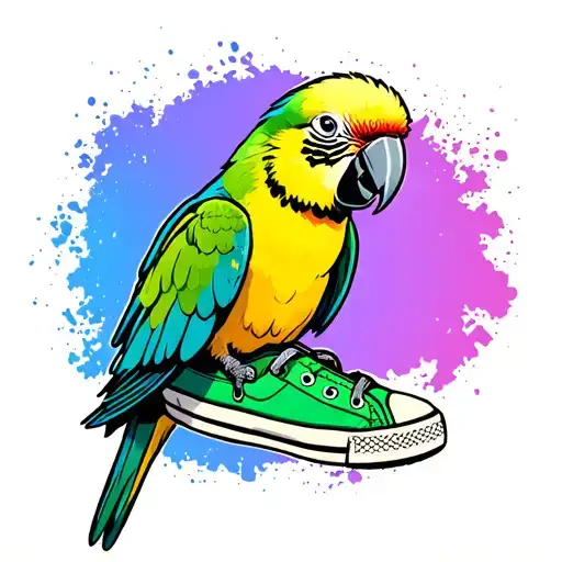 pale yellow Indian ringneck parrot with a green canvas sneaker tattoo design idea
