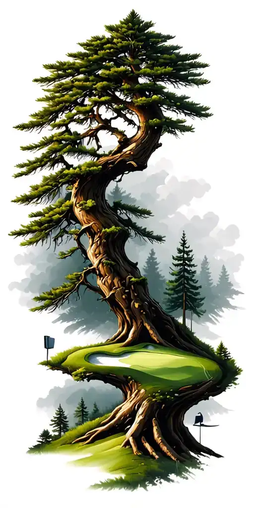 pine forest wrap around tree golf course family tattoo design idea