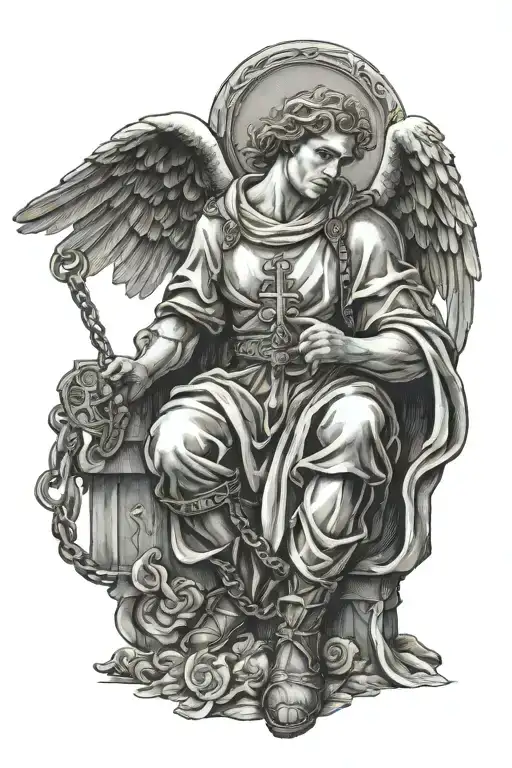 male guardian angel kneeling with chain in hand with cross tattoo design idea