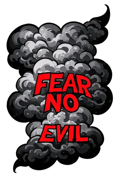 The tattoo features a cloud-like design with a Bible verse written in red, specifically "FEAR NO EVIL" in bold letters,  tattoo design idea