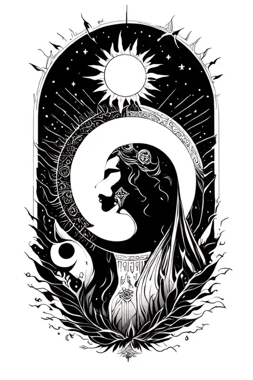 Helios and Selene, with sun and moon motifs. art style inspired by the hades video games.  tattoo design idea