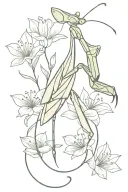 praying mantis with flowers blooming tattoo design idea