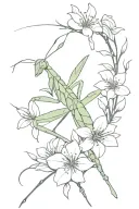 praying mantis with flowers blooming tattoo design idea