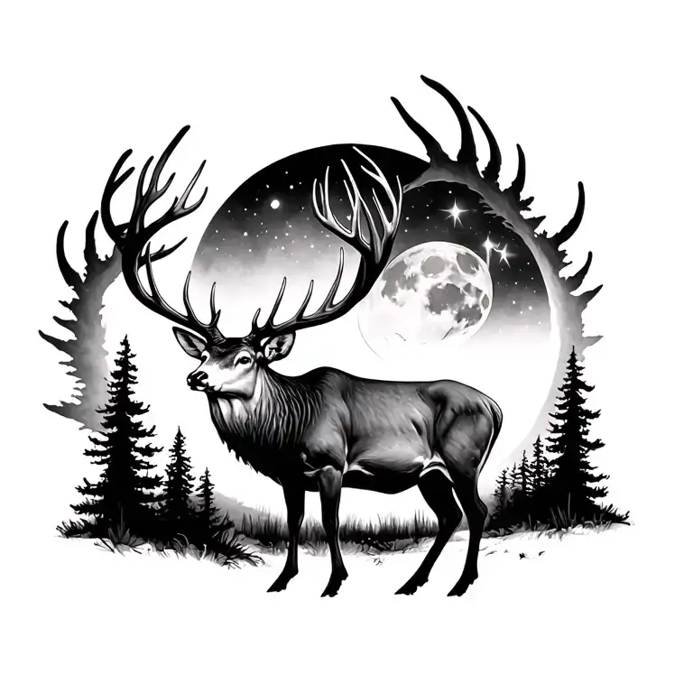 whitetail buck and moon merging together tattoo design idea