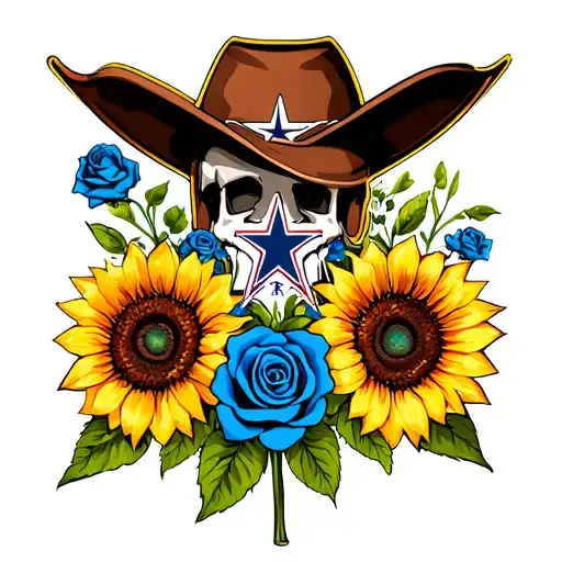 sunflowers and blue roses and the cowboys' logo in the middle of the flowers tattoo design idea