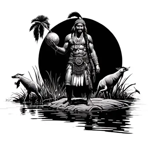 Indian warrior standing on bank in fl swamp holding a sphere with wildlife around  tattoo design idea