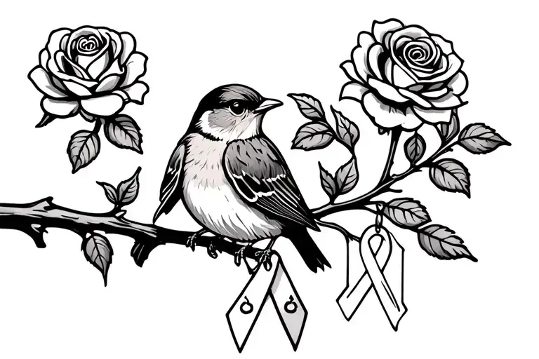 Colored Robin sitting on branch with roses around it with a cancer ribbon hanging on the branch tattoo design idea