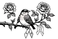 Colored Robin sitting on branch with roses around it with a cancer ribbon hanging on the branch tattoo design idea
