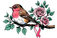 Colored Robin sitting on branch with roses around it with a cancer ribbon hanging on the branch tattoo design idea