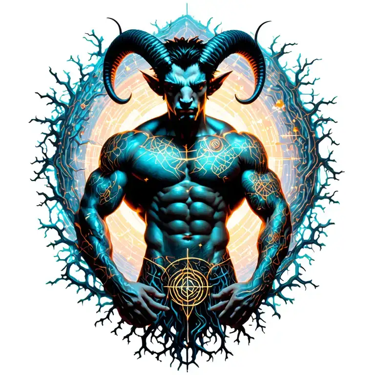 sexy gay male horned satyr with massive bodybuilder muscles flex. cyber tree roots, vines and constellations tattoo design idea