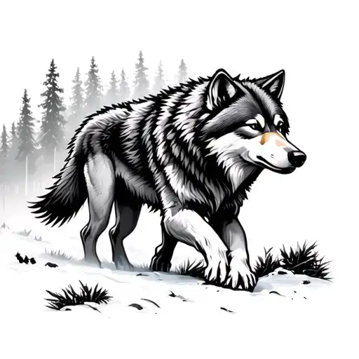 wolf pack with lone strong wolf leader walking through forest tattoo design idea