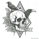 skull with triangle on it and snake in it and a crow sitting on top holding a black rose tattoo design idea