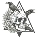 skull with triangle on it and snake in it and a crow sitting on top holding a black rose tattoo design idea
