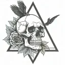 skull with triangle on it and snake in it and a crow sitting on top holding a black rose tattoo design idea