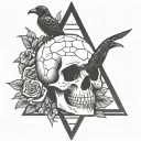 skull with triangle on it and snake in it and a crow sitting on top holding a black rose tattoo design idea