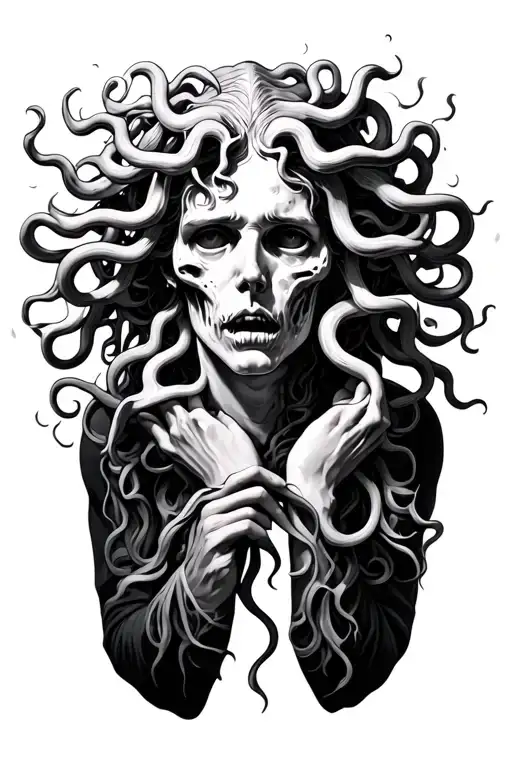 Somone holding medusa head cut off agony size tattoo design idea