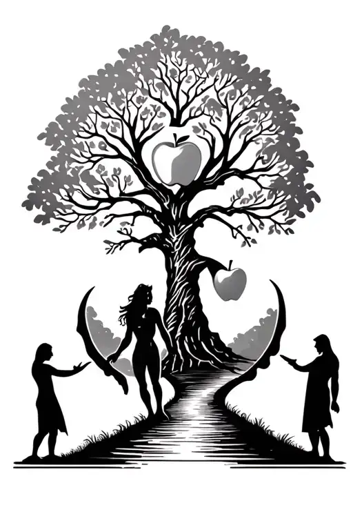 tree of life pathway leading towards Adam and Eve with an apple being handed off by the devil  tattoo design idea
