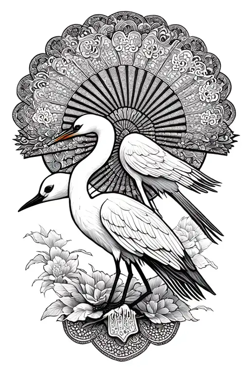 two cranes, japanese fan, hamsa tattoo design idea