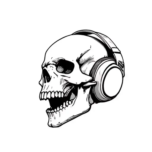 a skull in profile with its mouth wide open and headphones on its ears tattoo design idea