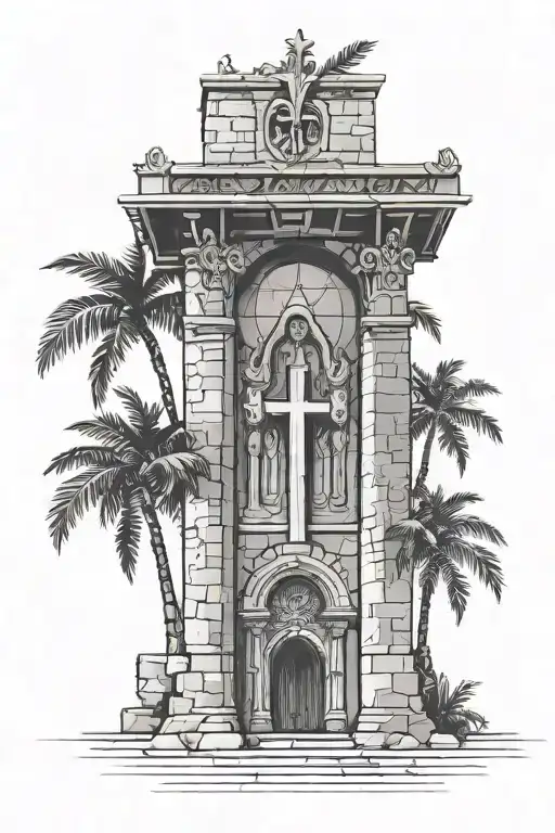The Church of the Holy Sepulchre with the mythological god Baal with palm leafs and a cross tattoo design idea