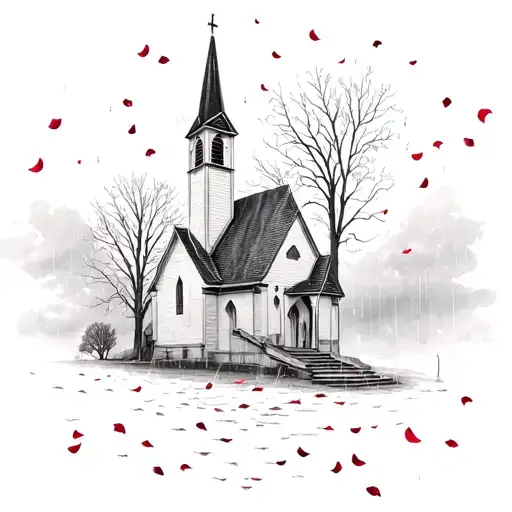 church from November rain music video surrounded by dark clouds with rain and rose petals falling tattoo design idea