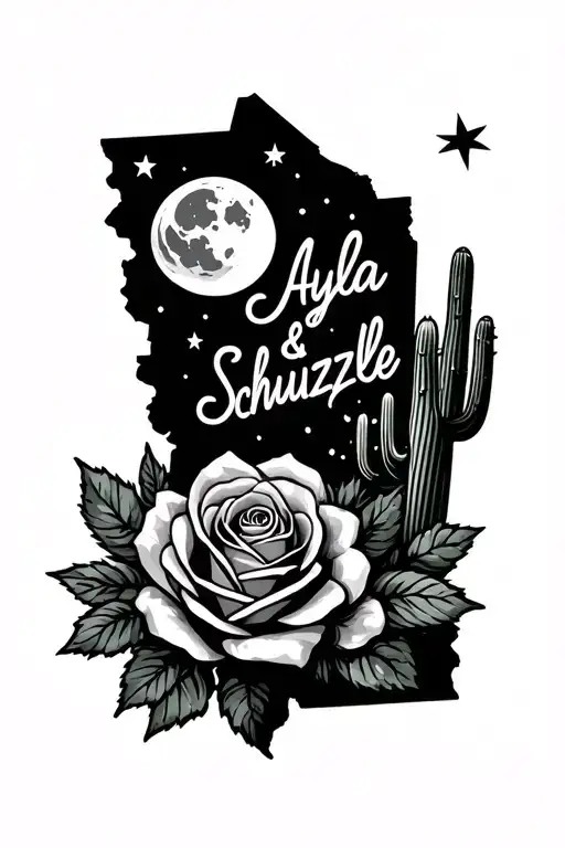 roses, shape of Nevada around my elbow, the name Ayla and  Schuetzle written in cursive, shading, moon, cactus, stars tattoo design idea