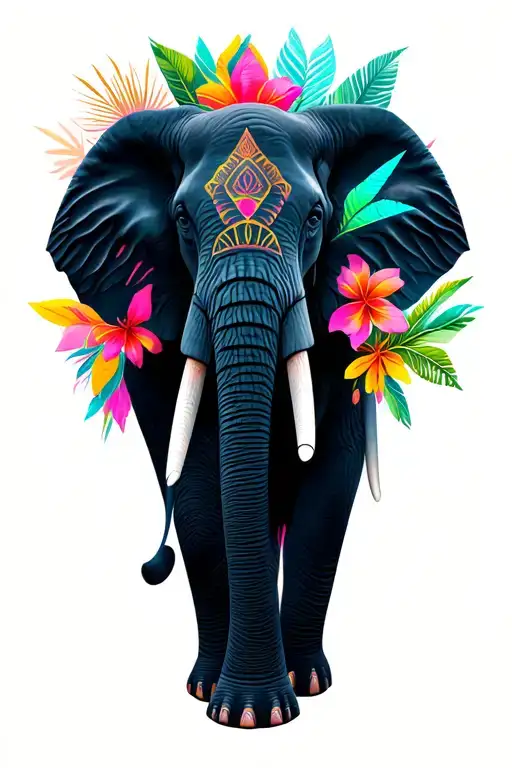 elephant with geometric shapes, mandala and abstract jungle elements, bright flowers behind it tattoo design idea
