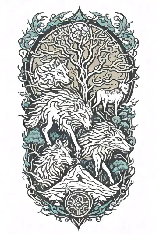 wolves horses thunderstorm blizzard nature forest and tree of life  tattoo design idea