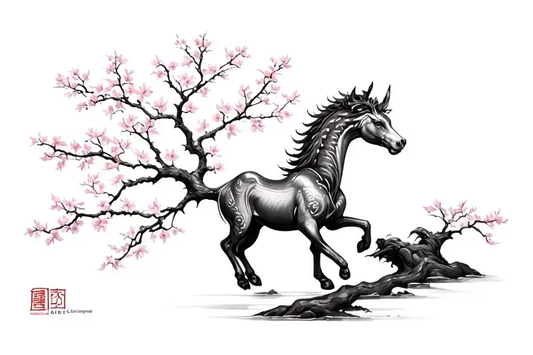 Kirin in Neo Japanese cherry blossom tree only leaves that fall have colour  tattoo design idea