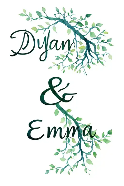 "Dylan & Emma" willow tree growing with names in branches forming tattoo design idea
