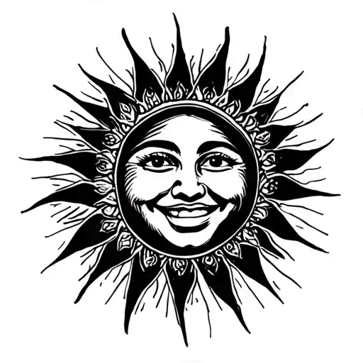 smiling celestial bohemian sun with rays radiating light in full color tattoo design idea