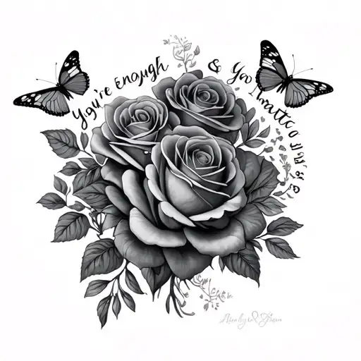 you're enough and you matter surround by roses and butterflies  tattoo design idea