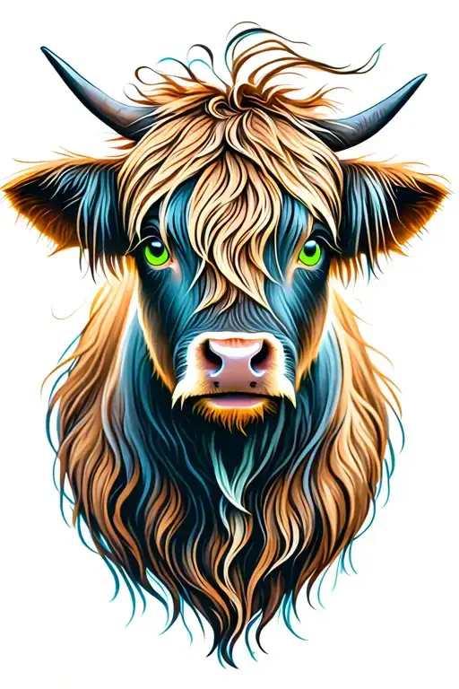 baby highland cow face with green eyes  tattoo design idea