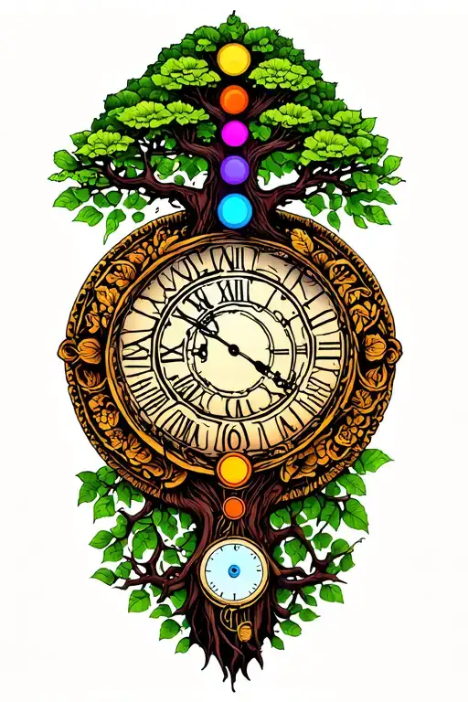 tree of life with chakras and time piece tattoo design idea